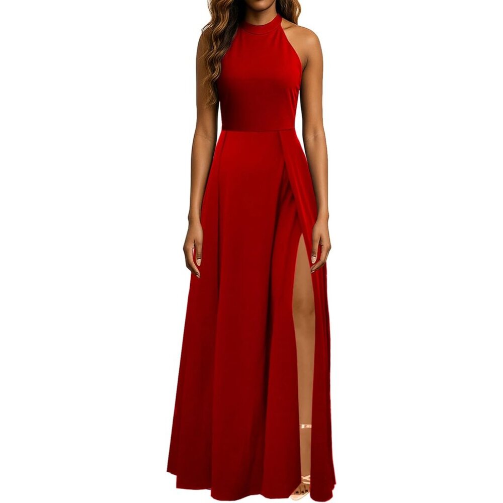 Elegant Red Long Dress For Women Halter Neck High Slit Formal Evening